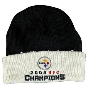 Vintage Pittsburgh Steelers 2008 AFC Champions NFL Knit Beanie Hat Black White